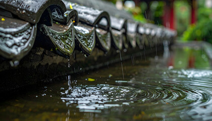 Obraz premium Water flows from an ornate stone spout into a serene pond creating ripples in a tranquil garden setting viewed from a low angle