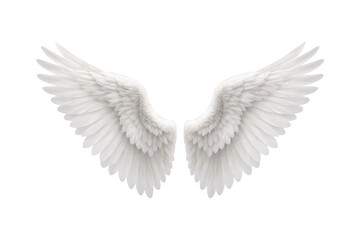 Obraz premium Pure white angel wings isolated on a clean white background, symbolizing spirituality, peace, protection, heaven, and divine purity in an elegant and minimalist style