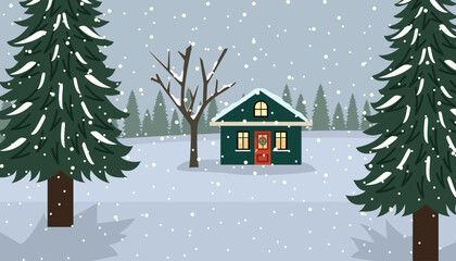 Cozy Winter Cabin in a Snowy Forest. Countryside house. Rural house. Winter house. Front door house christmas house.