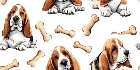 Adorable watercolor basset hound dog and bones in a seamless pattern for pet shop branding, nursery textiles, canine-themed home decor, stationery, and fabrics