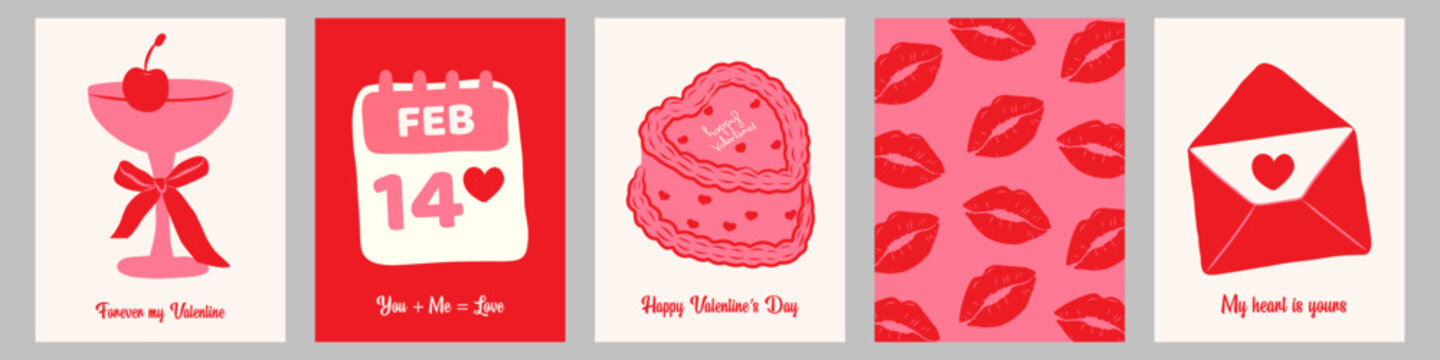 Valentine&rsquo;s day romantic greeting card set with love cocktail, february 14 calendar, heart cake, kiss pattern, love letter. Vector illustration