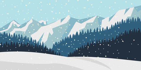 Snowy Mountain Landscape with Pine Forest and Falling Snow. Winter forest hill. Pine tree forest in the winter season. Winter landscape.