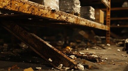 Rusty bent and warped metal shelving units with goods in a derelict storage environment