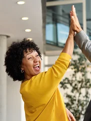 Fotobehang Muziek Portrait of a businesswoman celebrating during a meeting in office, group of businesspeople celebrating success, applauding and smiling, teamwork concept  © Lumos sp