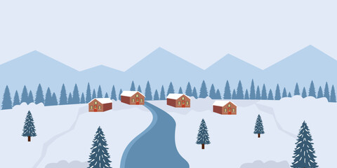Winter Village Landscape with Snowy Cabins and Pine Trees. Winter landscape. Countryside house. Countryside road.