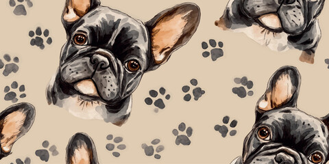 French Bulldog faces with dark paw prints seamless pattern for pet shop branding, textiles, wallpapers, packaging, stationery, and modern home decor design.