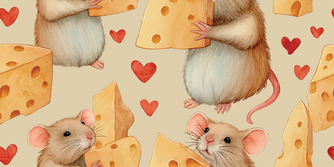 Playful little mice hiding behind cheese slices with hearts seamless pattern for children's textiles, nursery wallpaper, packaging, stationery, wrapping paper, and kitchen decor