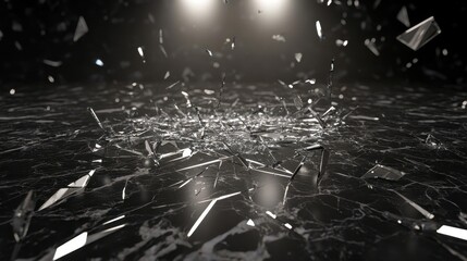 Shattered glass shards scattering across a polished dark surface with dramatic lighting