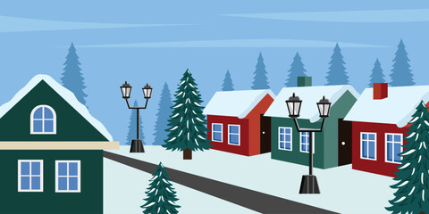 Cozy Winter Village with Snow Covered Houses and Pine Trees. Real estate. Housing. Winter house exterior. New year house.