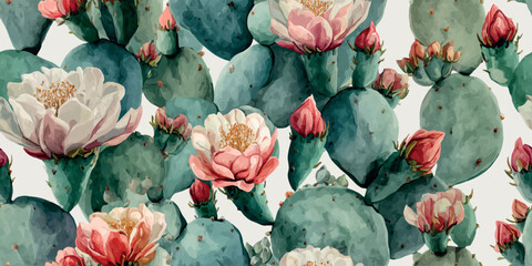 Vibrant blooming cactus with pink flowers seamless pattern for summer textiles, home decor, wallpapers, packaging, branding, stationery, wrapping paper, and botanical design © Eli Berr