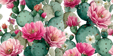 Vibrant blooming cactus with pink flowers seamless pattern for summer textiles, home decor, wallpapers, packaging, branding, stationery, wrapping paper, and botanical design © Eli Berr