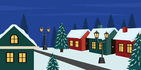 Cozy Winter Evening in a Snowy Village. City house. Downtown neighborhood. Winter house. Christmas house.