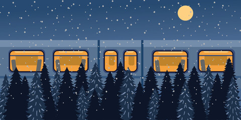 Night Train Journey Under the Moonlight. Midnight Train Ride. Winter Journey by Train