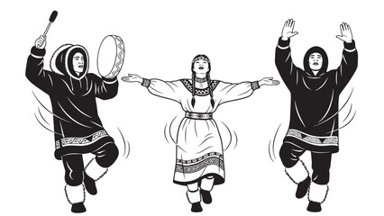 Traditional folk dancers performing energetic drum led dance in cultural celebration.