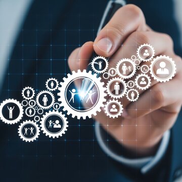A businessman hand touchscreen button interacting with digital gears and team icons representing business connections