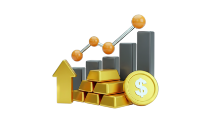 Gold Bars, Dollar Coin, and Growth Chart Rising in Financial Context