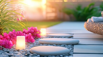 Smooth stepping stones placed on pebbles in a garden path with pink flowers and soft sunlight creating a tranquil outdoor scene
