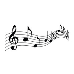 Musical notes and treble clef floating on a white background