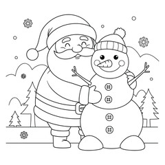 Cute Santa and Snowman Coloring Page – Christmas Holiday Winter Scene Line Art for Kids, Fun Festive Cartoon Illustration