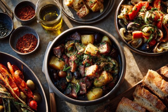 Callos, traditional Spanish beef tripe stew, served in bowl on wooden surface, surrounded by condiments and bread. Concept of cozy dining atmosphere, rich culinary heritage.