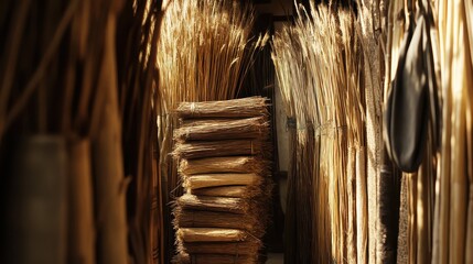 Stacked bundles of dried reeds inside a rustic building