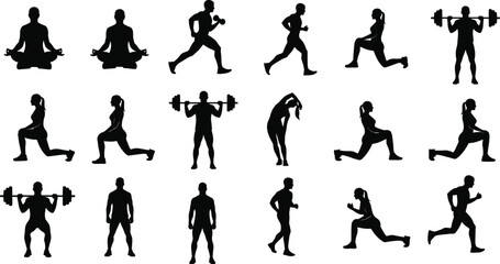 Fitness exercise silhouettes showing yoga, running, strength training, cardio workouts, and stretching poses for healthy active lifestyle illustration