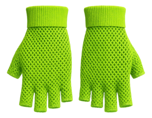 Fingerless neon green mesh gloves with elastic wristband.