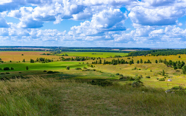 Hills with meadows and forests.