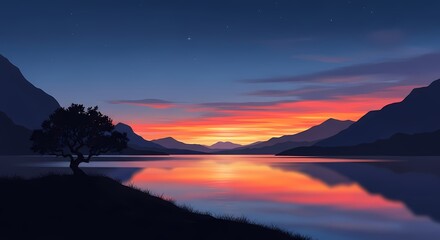 Obraz premium Serene mountain lake reflects fiery sunset sky at dusk