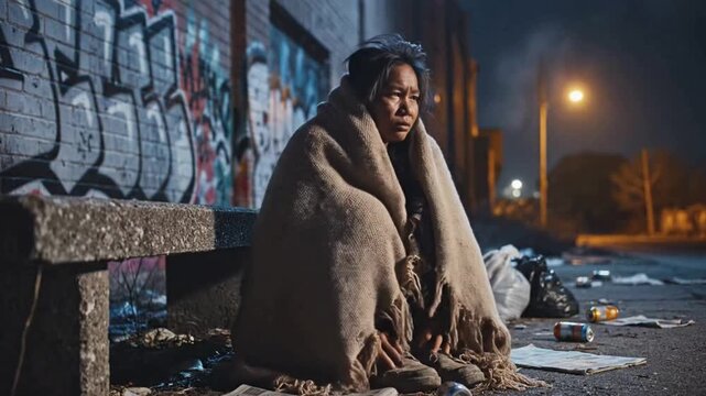 Homeless woman wrapped in blanket on city street at night