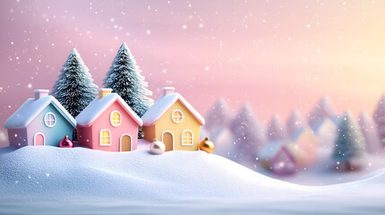 Fototapeta premium Christmas winter village with colorful houses and snow-covered pine trees with festive and cozy holiday atmosphere. Perfect for Christmas cards, winter banner promotions. 
