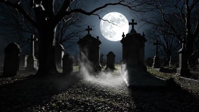Eerie wide shot of a foggy graveyard with tombstones silhouetted by a full moon at night