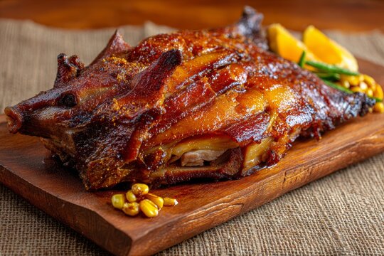 Cuy Chactado on rustic cutting board, glistening, accompanied by green beans, slice of lemon. Concept of flavorful guinea pig flattened fried Peruvian cuisine.