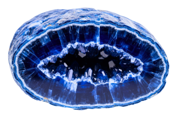 Natural blue geode crystal mineral cross-section with texture on a transparent background