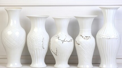 Three White Porcelain Vases Displayed on a White Surface