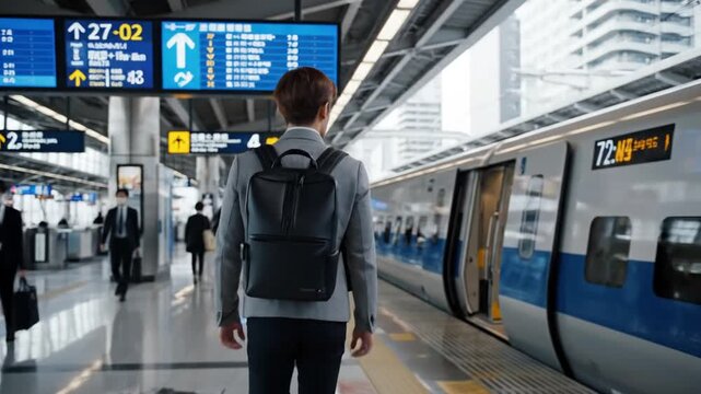 Traveler with backpack walking towards a modern high-speed train at a bright urban station platform