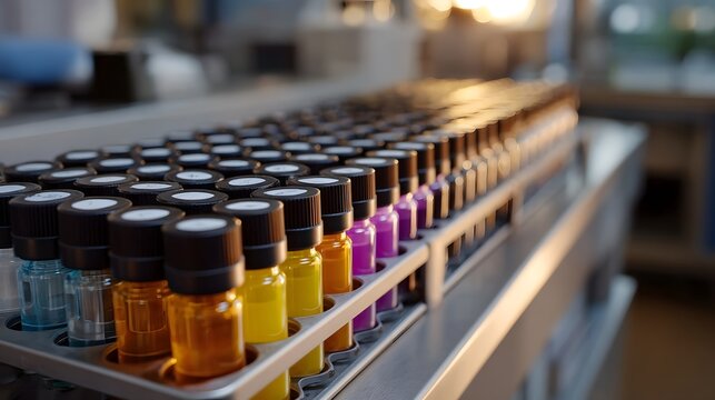 Rows of colorful liquid filled vials in a laboratory setting bathed in soft warm sunlight at dawn - Powered by Adobe