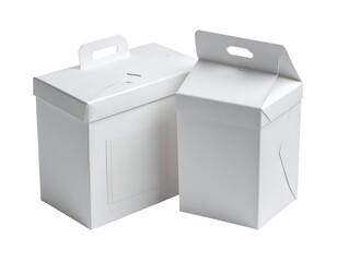 Two plain white cardboard takeout boxes with handles and lids, suitable for food packaging and delivery purposes
