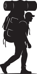 Silhouette of a person walking with a large backpack and a rolled-up on also transparent background rolled-up black