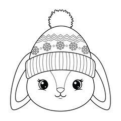 Cute Winter Bunny Coloring Page – Adorable Rabbit Face with Snowflake Hat, Kawaii Christmas Animal Line Art for Kids
