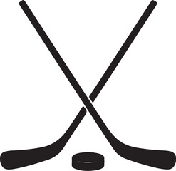 Two Black Hockey Sticks Crossing Over a Black Hockey Puck on a White Background also transparent background