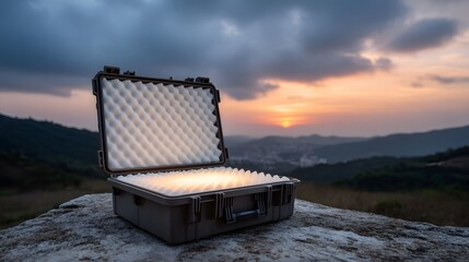 An open protective case with foam padding rests on a rock overlooking a mountain landscape at sunset
