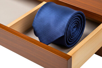 Rolled blue patterned necktie in wooden wardrobe drawer on a transparent background