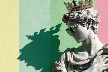 Statue with a crown and sunglasses positioned against a colorful wall in daylight