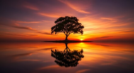 Lone tree silhouetted against dramatic fiery sunset reflected in calm water