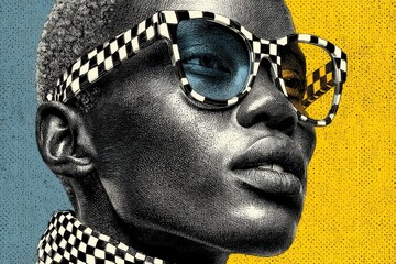 Portrait of a person wearing checkered glasses with bold colors in the background showcasing artistic design