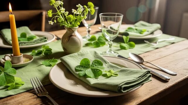 Elegant candlelit dinner setting with greenery and elegant tableware on rustic wooden table