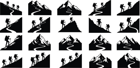 Hiking and mountain climbing silhouettes collection showing backpackers ascending peaks, adventure trails, outdoor exploration, teamwork, and nature travel illustration set
