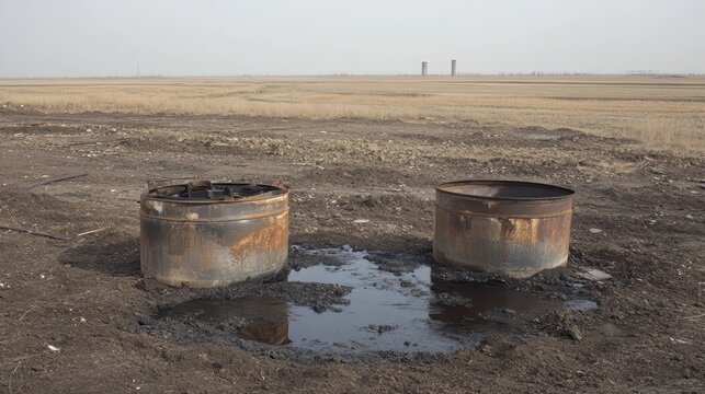 Two rusted empty fuel tanks leaking dark residue onto barren earth with distant structures on the horizon under an overcast sky