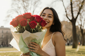 Fototapeta premium Happy young woman smiling holds beautiful red rose bouquet gift. She enjoys romantic present in an outdoor park during sunny day, feeling joyful and appreciated